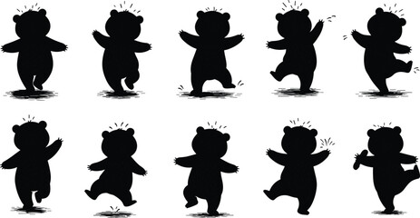 Bear silhouette dance poses, playful character motion sequence, funny animal movement illustration, whimsical bear shadow art, creative cartoon design concept