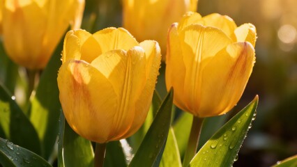 Obraz premium Bright yellow tulip flowers featuring delicate reddish stripes stand tall covered in water droplets during golden hour sunlight.