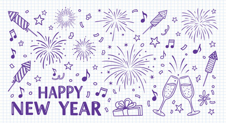 Hand drawn doodle pattern featuring vibrant purple fireworks champagne toasts musical notes stars and a gift box celebrating the new year on graph paper background
