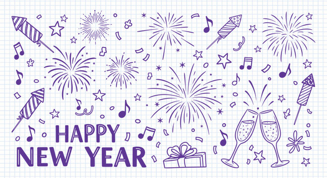 Hand drawn doodle pattern featuring vibrant purple fireworks champagne toasts musical notes stars and a gift box celebrating the new year on graph paper background