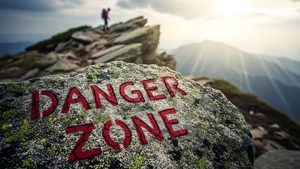 Danger zone warning written on mossy rock on mountain peak with hiker in background, concept of risk and challenge