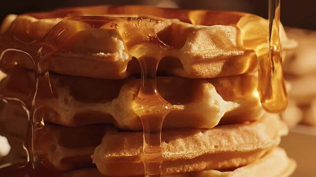 Sweet syrup drizzling over a stack of golden waffles