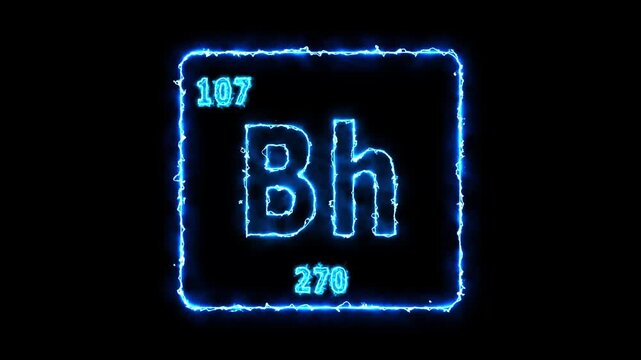 Bohrium - periodic table element symbol hologram, chemical element Periodic Table, atomic weight element number ,glowing on black background in 4K.