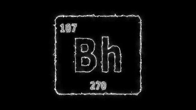 Bohrium - periodic table element symbol hologram, chemical element Periodic Table, atomic weight element number ,glowing on black background in 4K.