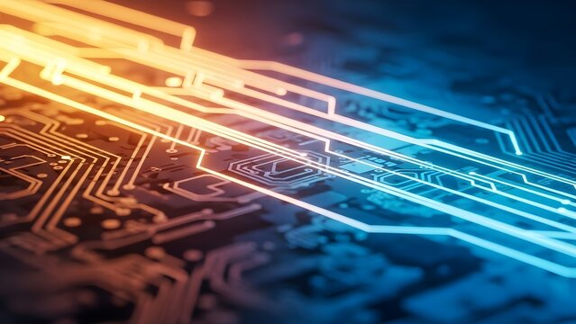 Abstract digital circuit board technology background with glowing orange and blue light trails - Powered by Adobe