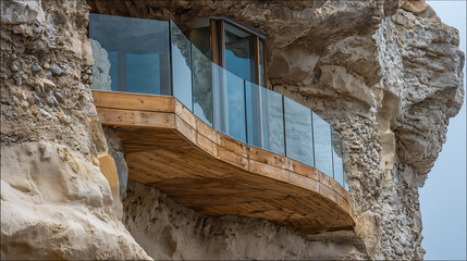 Fototapeta premium Modern architectural balcony with glass railing and wood cladding built directly into a natural rock cliff face overlooking a view