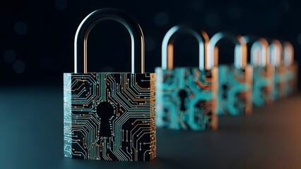 Digital security padlocks in a row with circuit board pattern, cyber security concept