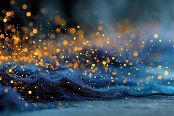 Abstract blue fabric with golden bokeh lights floating above, dreamy and magical atmosphere