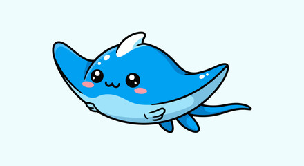 Obraz premium Cute blue little stingray cartoon character swimming.