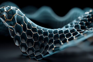 Abstract hexagon pattern background with golden nodes and blue surface, futuristic design concept