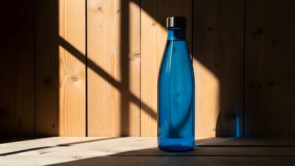 Blue reusable water bottle standing on a wooden surface with dramatic sunlight and shadow patterns from window blinds