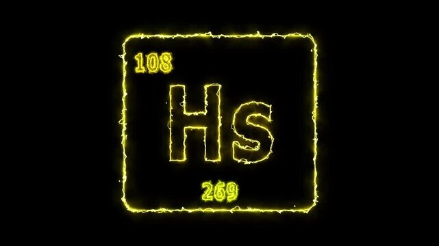 Hassium - periodic table element symbol hologram, chemical element Periodic Table, atomic weight element number ,glowing on black background in 4K.