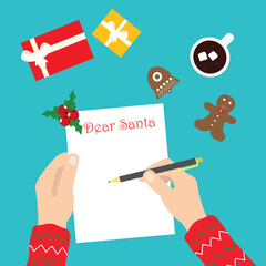 Hands holing pen and write a letter to Santa Claus. Christmas wish list preparing for the winter holidays new year. Festive background with seasonal decoration  vector illustration