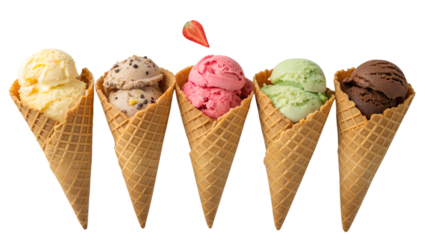 Ice Cream Cone Flavors: A delectable array of ice cream cones presents a variety of flavors, inviting viewers to savor the sweet indulgence and vibrant colors of each scoop.