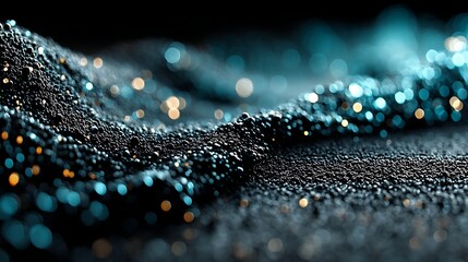 Abstract surface of tiny black spheres with blue and gold bokeh lights background