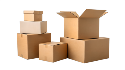 Cardboard Box Composition: A collection of various cardboard boxes, each one offering potential for storage and transport, stacked neatly. 