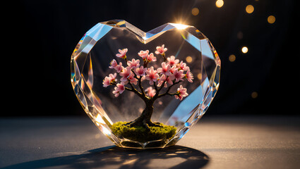 Heart-shaped faceted crystal enclosing a miniature cherry blossom tree with pink flowers on green moss, glowing golden particles, dark gradient background, photorealistic fantasy scene.