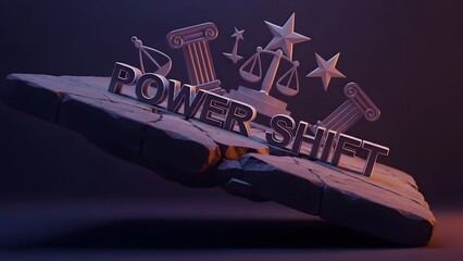 Power shift concept on floating stone with justice symbols, law, authority, and change theme, 3d render