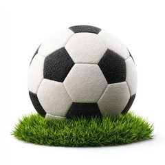 Obraz premium Black and white soccer ball resting atop a patch of green grass on an isolated white backdrop