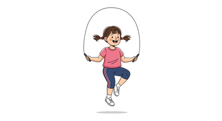 Happy little girl with pigtails is smiling while jumping rope as a fun form of exercise and play. The drawing is very cute.