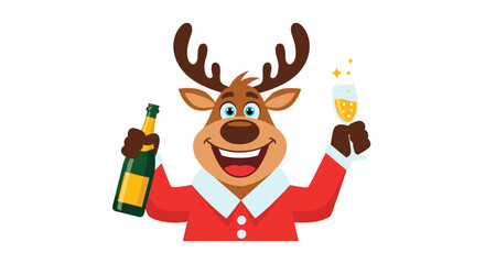 Cheerful cartoon reindeer character is celebrating with a bottle of champagne and a glass for Christmas or New Year. The design is very fun.