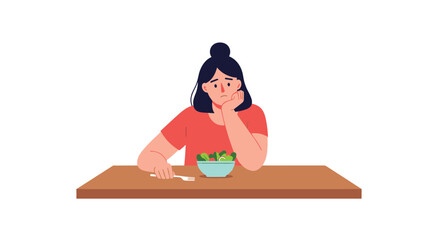 Sad and unhappy young woman with an eating disorder has no appetite for the bowl of salad in front of her. The design shows emotion.