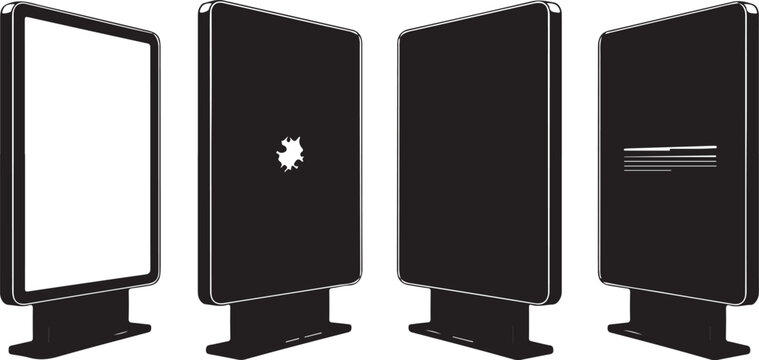 Set of four modern digital signage displays. isolated vector graphic of interactive advertising totems from various angles.