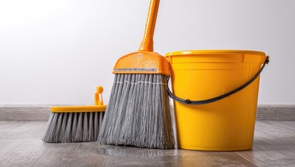 Broom and bucket stand ready on gray wood grain floor against white wall in a bright room