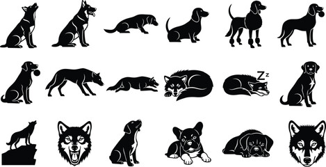 Collection of various dog breeds and poses silhouette illustrations