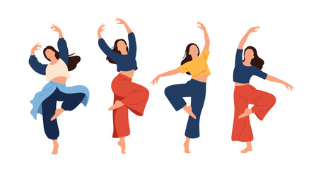 Four graceful young women in casual and colorful outfits are captured in various dynamic and expressive contemporary dance poses.