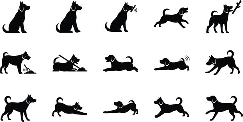 A collection of 12 different dog silhouettes in various poses