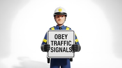 3d cartoon police officer holding a sign that reads obey traffic signals, isolated on white