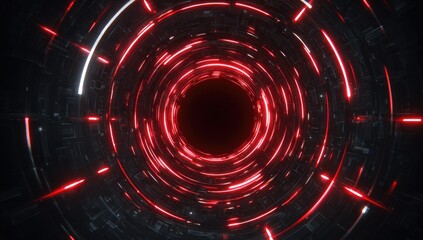 Swirling lights in a tunnel-like structure with bright red concentric circles and a black center hole