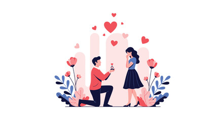 A man kneels down to propose marriage with an engagement ring to a surprised woman amid flowers and floating red hearts.