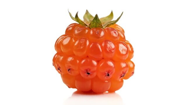 Close-up studio shot of a vibrant orange cloudberry on a clean white background