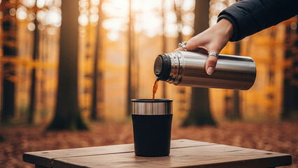 Hand pouring coffee from thermos into cup in autumn forest  