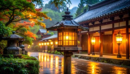 Illuminated Japanese lanterns line a wet, autumnal temple path on an overcast, rainy day