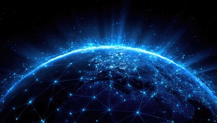 Glowing networked planet. Electric blue beams emanate, connecting to continents. A futuristic, digital world illustration