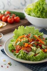 Fresh Mixed Vegetable Salad on a White Plate with Lettuce, Tomatoes, Cucumber, and Carrots