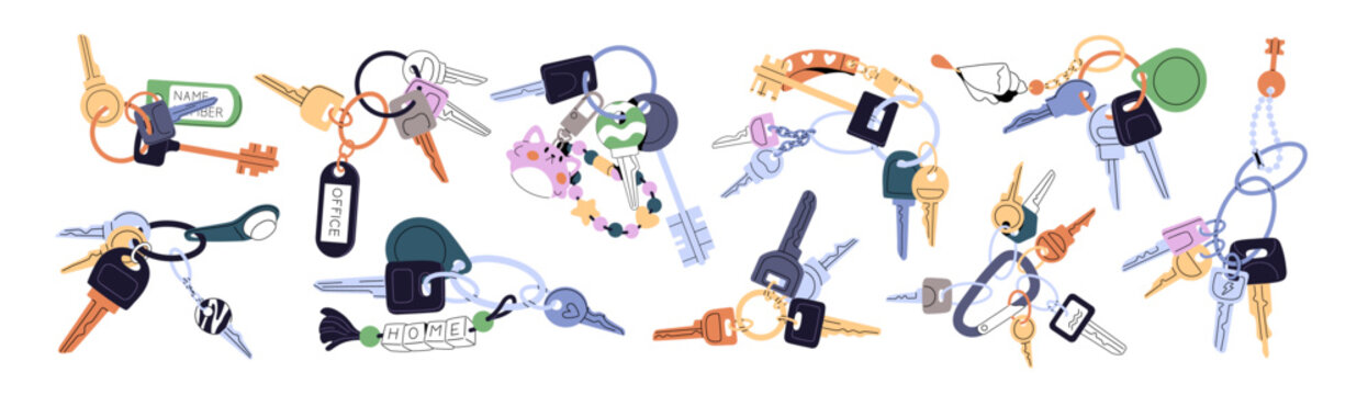 Set of different door key chains. Bunches of keyrings with trinkets hanging on rings. Keychains from house, office, apartment and real estate. Flat isolated vector illustrations on white background.