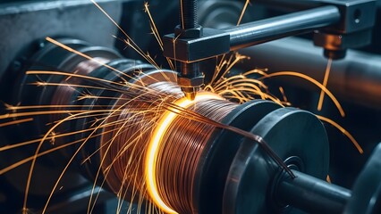 Closeup of electric motor coil winding process with bright sparks flying from the grinding or cutting tool on a dark industrial background