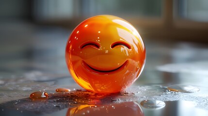 Smiling Orange Emoji Ball on Wet Surface expression Photo