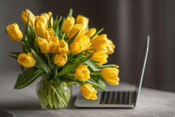Yellow Tulips With Laptop on Desk