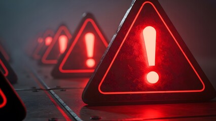 Row of glowing red warning signs with exclamation marks in a dark, foggy environment, symbolizing danger or alert