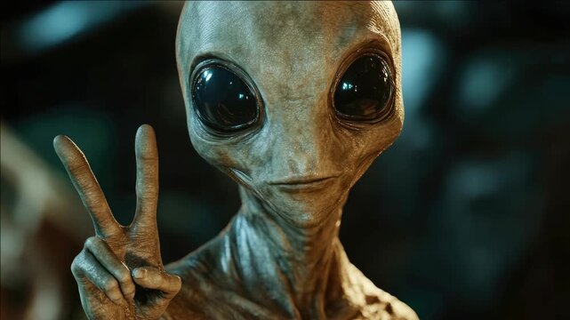 A strange looking alien with two hands raised in a peace sign. The alien has a pair of eyes and a mouth