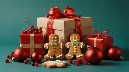 Christmas Gift Boxes, Gingerbread Cookies, Red Ornaments, Festive Decorations