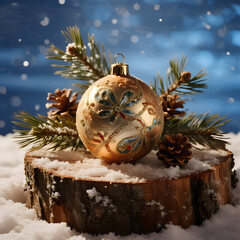 Christmas Ornament, Snowy Background, Pine Needles, Festive Decoration, Holiday Decor, Seasonal Scene, Winter Wonderland, Rustic Style, Sparkling Bauble