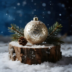 Christmas Ornament, Snowy Log, Pine Needles, Winter Decoration, Festive Scene, Holiday Decor, Snowflake Design