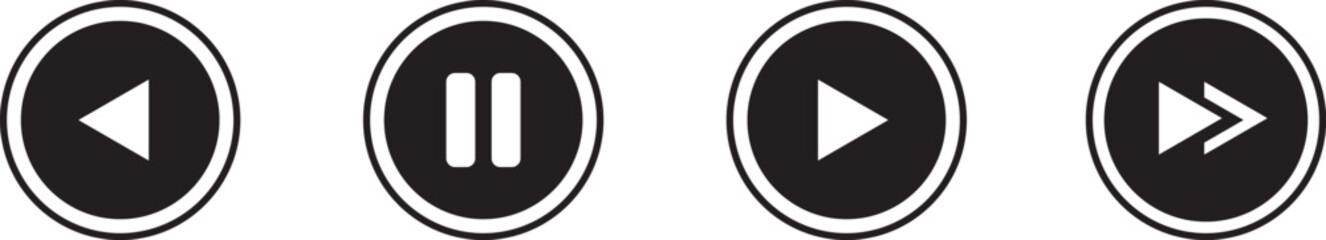 Media player control button set. Play, pause, fast forward, and rewind music video interface vector icons.