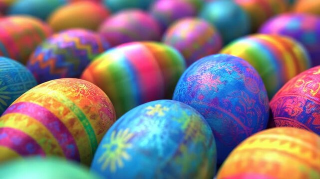 A multitude of brightly colored and patterned Easter eggs together